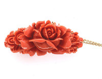 14k Yellow Gold Large Carved Genuine Natural Ox Blood Coral Pendant Roses #J6177