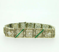 14k White Gold Filigree Diamond Bracelet Double Wide Synthetic Emeralds (#J4503)