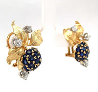 18k Gold Antique Genuine Natural Sapphire Diamond Blackberry Earrings (#J5433)