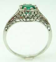 Art Deco 18k White Gold .48ct Genuine Natural Emerald Filigree Ring (#J901)