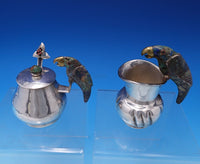 Taxco Mexican Silverplate Sugar and Creamer 2pc Set w/ Spoon 3-D Parrots (#7543)