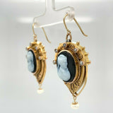 Incredible 14k Genuine Natural Black White Agate Stone Cameo Earrings (#J5511)