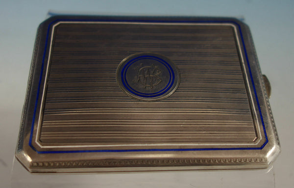 Austrian .750 Silver Card Case Engine Turned with Blue and White Enamel (#2796)