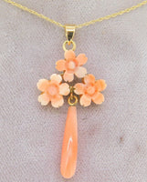10k Gold Genuine Natural Coral Flower Pendant with 14k Gold Chain (#J4095)
