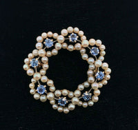 14k Yellow Gold Antique Montana Sapphire and Pearl Circle Pin (#J5468)