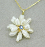 14k Yellow Gold Freshwater Pearls and Sapphire Daisy Pendant Jewelry (#J4957)