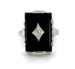 14k White Gold Rectangle Genuine Natural Black Onyx Ring with Diamond (#J5821)