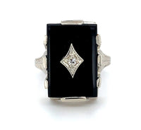 14k White Gold Rectangle Genuine Natural Black Onyx Ring with Diamond (#J5821)