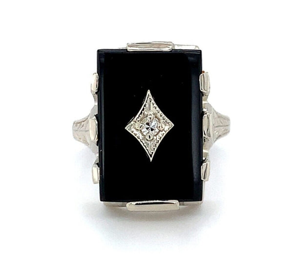 14k White Gold Rectangle Genuine Natural Black Onyx Ring with Diamond (#J5821)