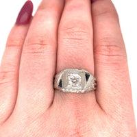 18k White Gold Art Deco Men's Diamond and Sapphire Ring Jewelry (#J5593)