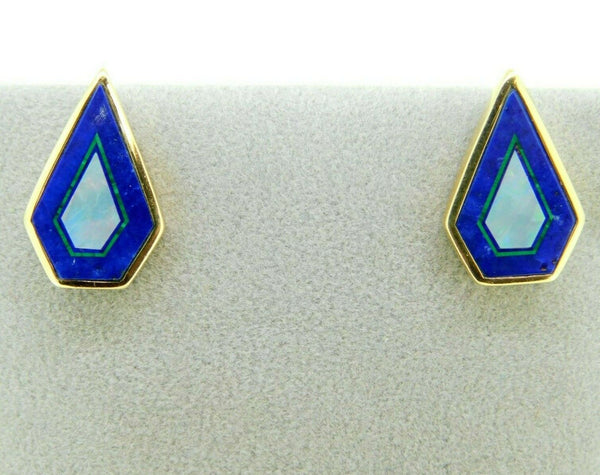 14k Gold Intarsia Stud Earrings with Genuine Natural Opal Lapis Inlay (#J5073)