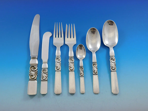 Scroll by Georg Jensen Danish Sterling Silver Flatware Set Service 56 Pieces