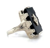14k White Gold Rectangle Genuine Natural Black Onyx Ring with Diamond (#J5821)