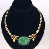 14k Yellow Gold Retro Jadeite Jade and Ruby Necklace with GIA Report (#J5666)