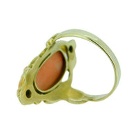 10k Gold Art Nouveau Genuine Natural Coral Cameo Ring with Diamonds (#J4647)