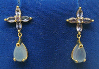 14K Gold Genuine Natural Chalcedony and Tanzanite Dangle Earrings (#J3086)