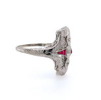 14k White Gold Art Deco Diamond and Ruby Filigree Ring (#J5605)