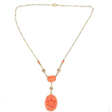 Art Deco Yellow Gold 14k Carved Genuine Natural Coral Necklace (#J5457)