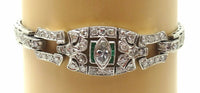 Art Deco Platinum Genuine Natural Diamond Bracelet with Emeralds (#J3489)