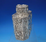 Sterling Silver Tea Caddy w/ Repoussed Flowers 4 1/2" x 3 7/8" x 2 3/8" (#6463)