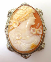 Large 14k Gold Genuine Natural Shell Cameo Pin with Flowers (#J3522)
