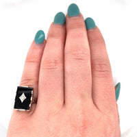 14k White Gold Rectangle Genuine Natural Black Onyx Ring with Diamond (#J5821)