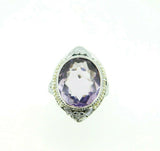 Art Deco 14k White Gold Filigree Amethyst Seed Pearl Ring (#J5007)