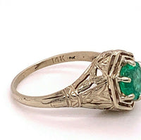 Filigree 14k White Gold Art Deco .86ct Genuine Natural Emerald Ring (#J4828)