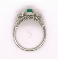 18k Gold Art Deco .32ct Genuine Natural Emerald and Diamond Filigree Ring #J4836