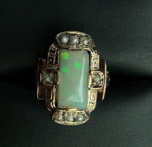9k Rose Gold Rectangular Opal and Seed Pearl Ring Jewelry (#J5618)