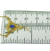 10k Yellow Gold Lavaliere Pendant Blue Glass Stone and Pearls (#J4805)