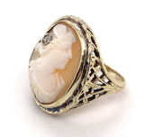 Genuine Natural Shell Cameo Ring with Bezel Diamond Accent Jewelry (#J5556)