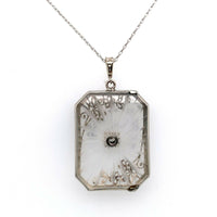 10k Gold Art Deco Genuine Natural Rock Crystal Quartz Pendant w/Flowers (#J5541)