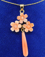 10k Gold Genuine Natural Coral Flower Pendant with 14k Gold Chain (#J4095)