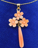 10k Gold Genuine Natural Coral Flower Pendant with 14k Gold Chain (#J4095)