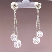 14k Gold Long Deco Earrings Genuine Natural Rock Crystal and Flowers (#J4993)