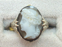 10K Gold Filigree / Art Deco Oval Hard Stone Genuine Natural Cameo Ring (#J2557)