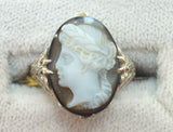10K Gold Filigree / Art Deco Oval Hard Stone Genuine Natural Cameo Ring (#J2557)