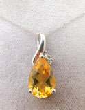 14K Gold Teardrop Genuine Natural Citrine Pendant with Diamonds (#J1748)