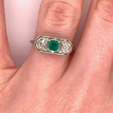 18k Gold Art Deco .32ct Genuine Natural Emerald and Diamond Filigree Ring #J4836