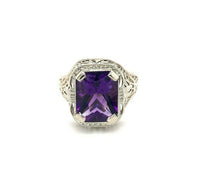 14k White Gold Art Deco Filigree 2.87ct Genuine Natural Amethyst Ring (#J5334)