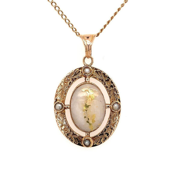10k Gold Victorian Gold Vein Quartz Pendant w/ Flowers (#J5640)