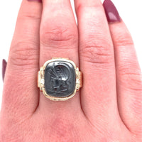 10k Yellow Gold Men's Genuine Natural Hematite Carved Intaglio Ring (#J5551)