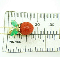 14k Yellow Gold Coral Strawberry Pendant Carved Emerald Leaves (#J4444)