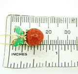 14k Yellow Gold Coral Strawberry Pendant Carved Emerald Leaves (#J4444)