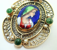 14K Gold French Enamel Brooch with Seed Pearls and Agates (#J2951)