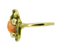 10k Yellow Gold Art Nouveau Coral Ring with Rose Leaves and Pearl (#J4551)