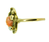 10k Yellow Gold Art Nouveau Coral Ring with Rose Leaves and Pearl (#J4551)