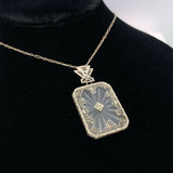 14k Gold Genuine Natural Rock Crystal Quartz Diamond Filigree Necklace (#J5455)