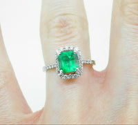 18k Gold 1 1/2 Carat Genuine Natural Emerald and Diamond Halo Ring (#J5055)